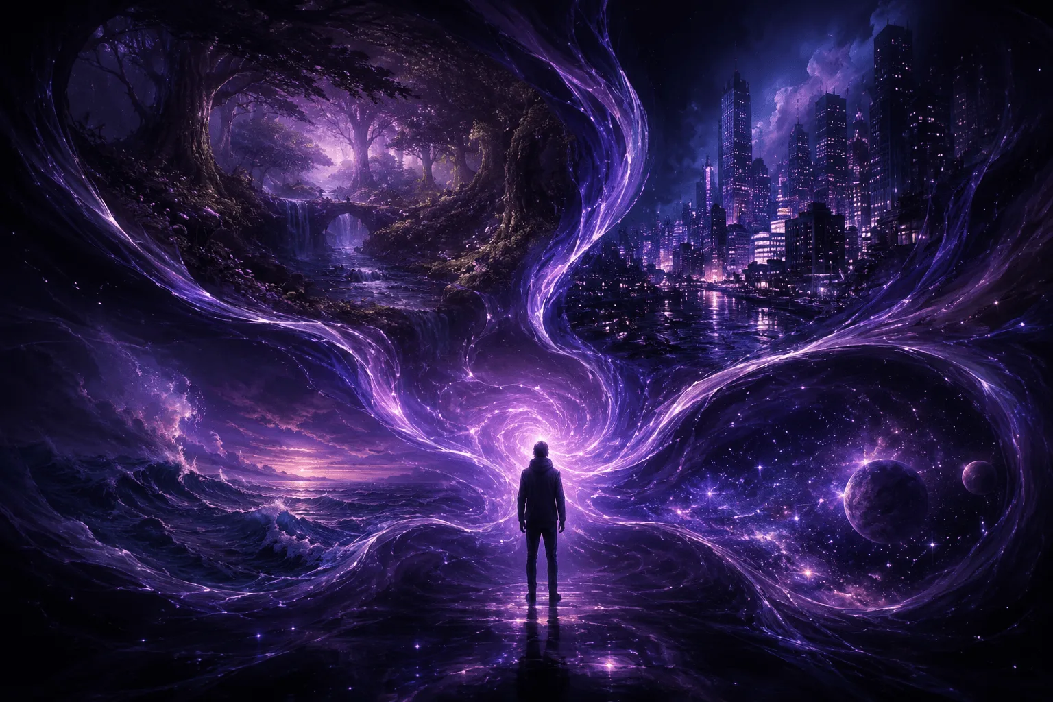 A lone figure with story worlds swirling and forming around them